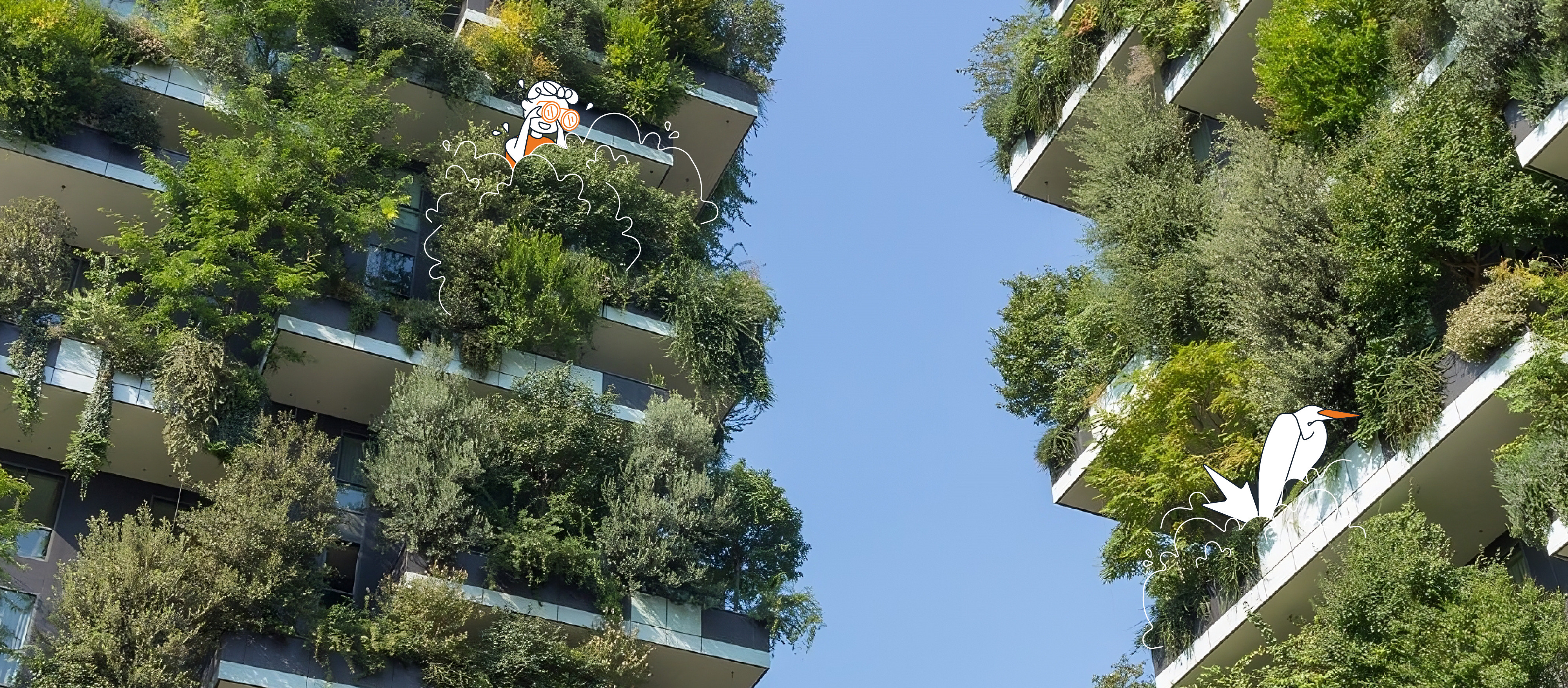 Un petit personnage habillé en orange perché sur un immeuble regardant avec des jumelles la mouette de l'immeuble d'en face.