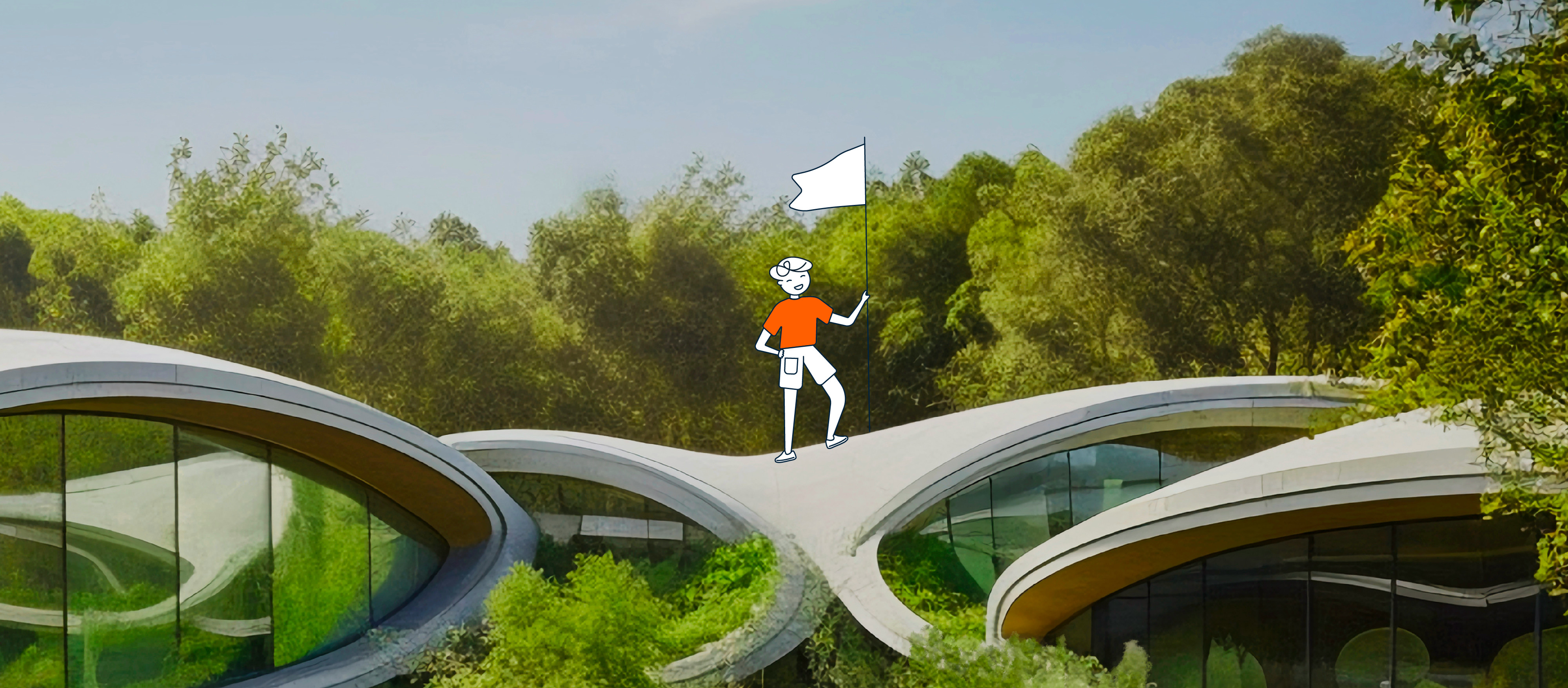Un petit personnage habillé en orange plantant un drapeau sur une maison moderne.