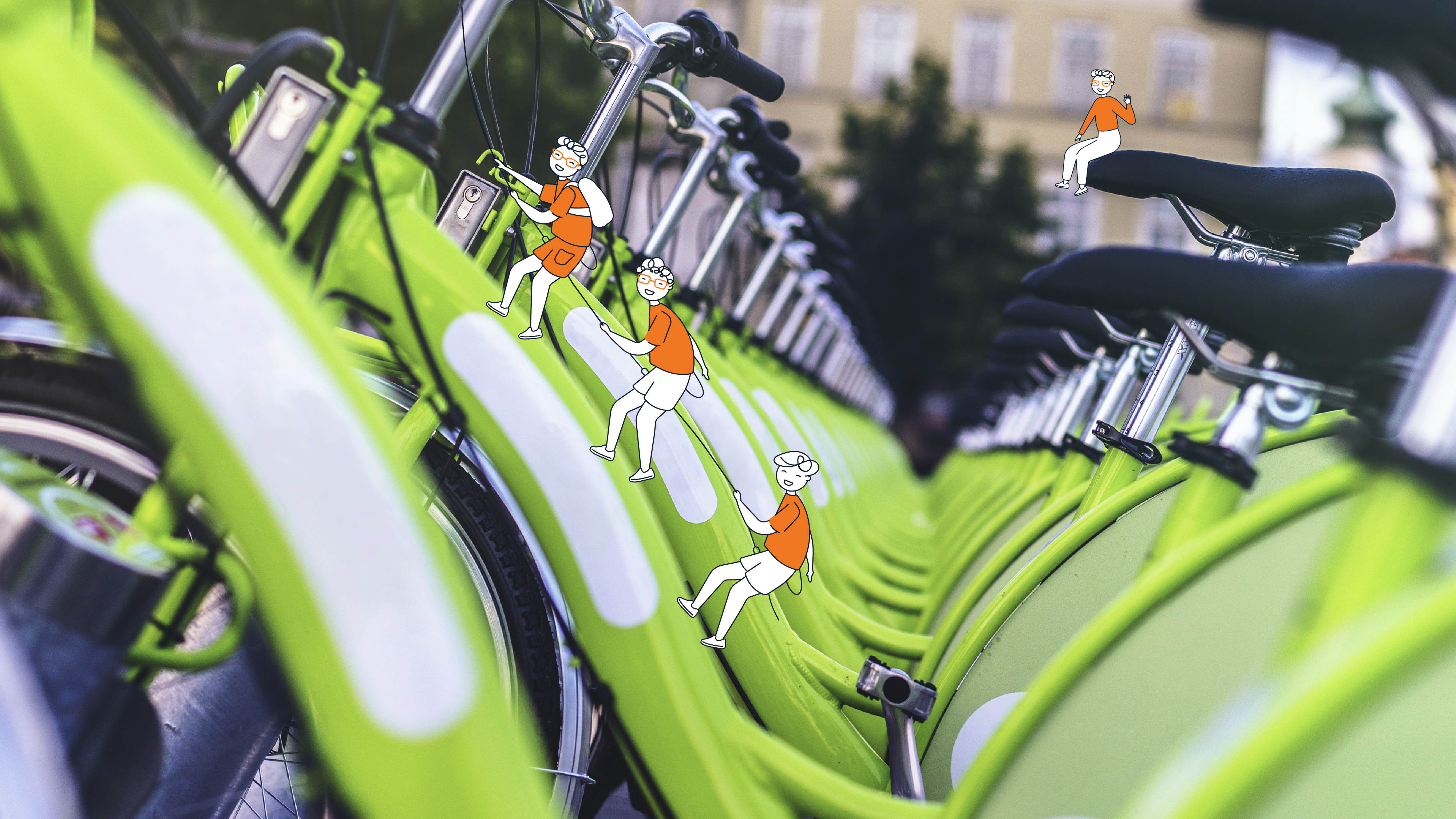 Trois petits personnages habillés en orange escaladant un vélo dans parking qui leur est dédié.