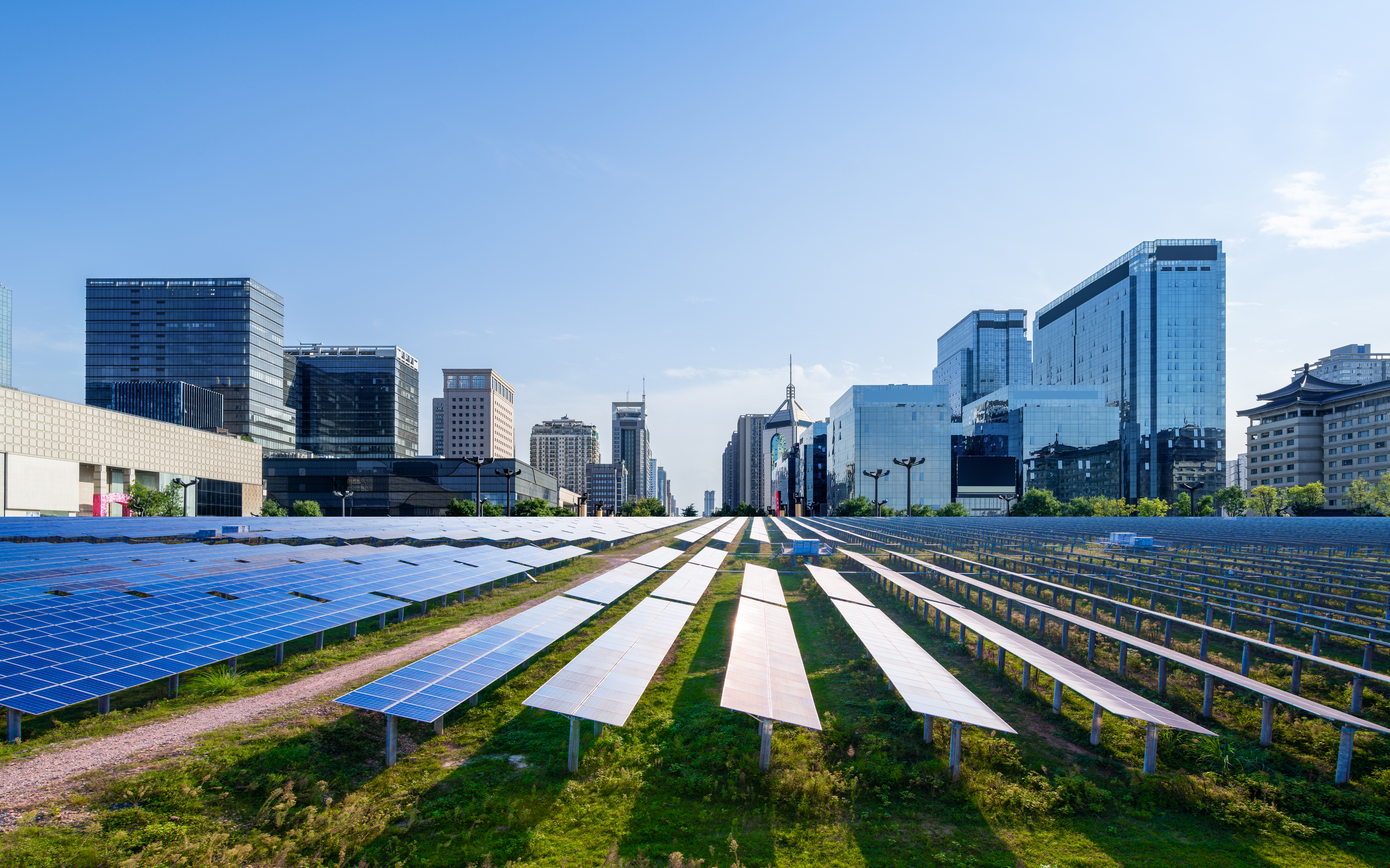 Une photo d'un champ de panneau solaire en milieu urbain.
